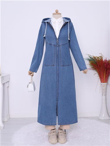 Kapşonlu Yan Cepli Kot Kap -İndigo