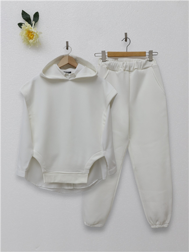 Kapüşonlu Üç İplik Şardonlu Pantolonlu Takım -Ekru