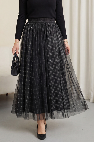 Kare Desen Beli Lastikli Astarlı Tül Etek -Siyah
