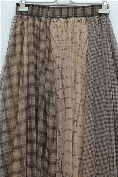 Kare Desen Beli Lastikli Astarlı Tül Etek -Vizon