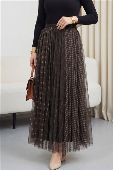 Kare Desen Beli Lastikli Astarlı Tül Etek -Kahve