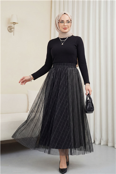 Kare Desen Beli Lastikli Astarlı Tül Etek -Siyah