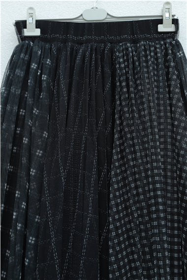 Kare Desen Beli Lastikli Astarlı Tül Etek -Siyah