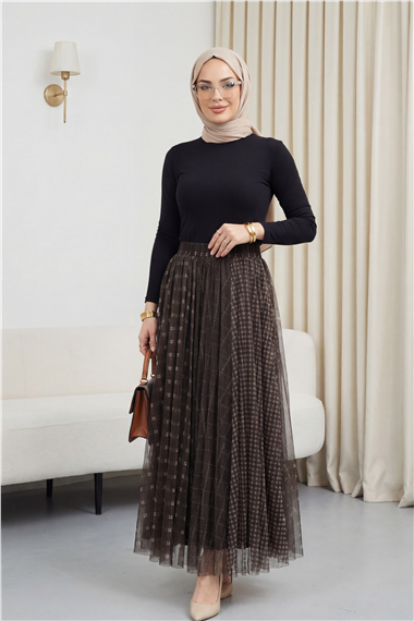 Kare Desen Beli Lastikli Astarlı Tül Etek -Kahve