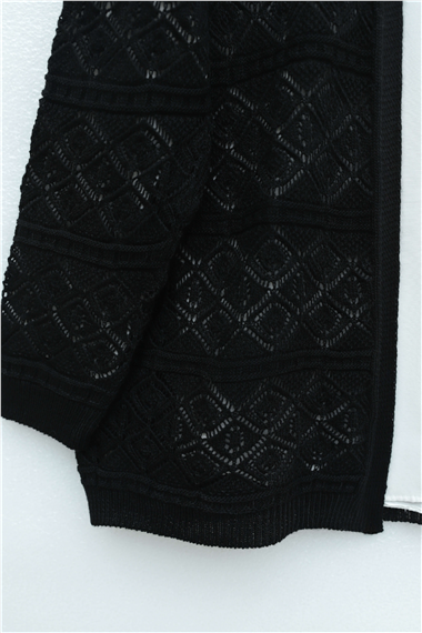 Kare Desenli Ajurlu Salaş Triko Hırka -Siyah