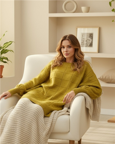 Kare Desenli Yırtmaçlı Yumoş Triko Tunik -Yağ Yeşili