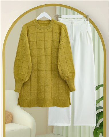 Kare Desenli Yırtmaçlı Yumoş Triko Tunik -Yağ Yeşili