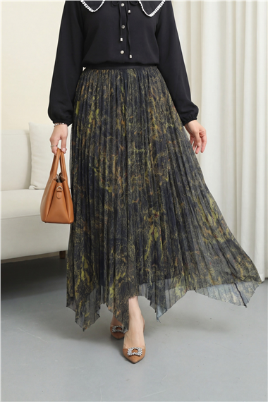 Karışık Desen Beli Lastikli Asimetrik Kesim Astarlı Tül Etek -Yağ Yeşili
