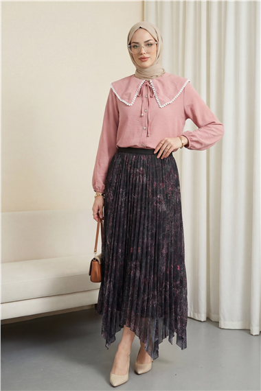 Karışık Desen Beli Lastikli Asimetrik Kesim Astarlı Tül Etek -Vişne