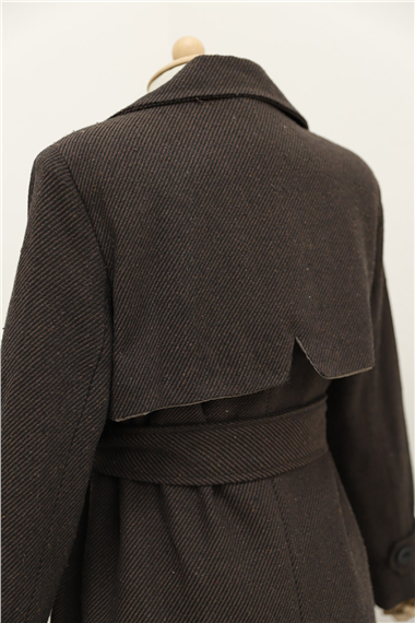 Kemerli Astarlı Bolero Detaylı Kaban -Kahve
