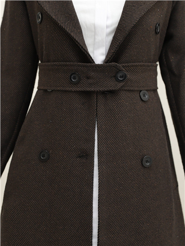 Kemerli Astarlı Bolero Detaylı Kaban -Kahve