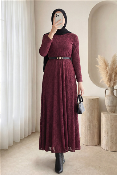 Kemerli Astarlı Güpür Dantel Elbise -Bordo