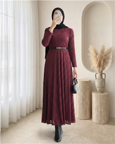 Kemerli Astarlı Güpür Dantel Elbise -Bordo