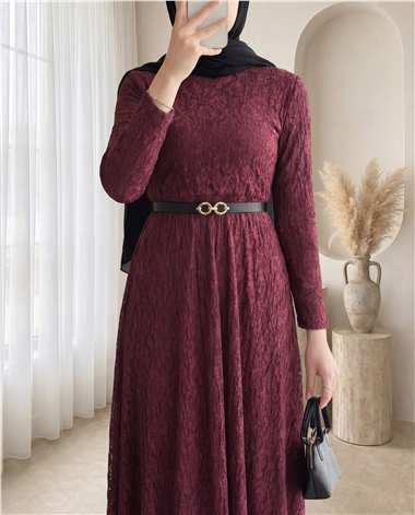 Kemerli Astarlı Güpür Dantel Elbise -Bordo