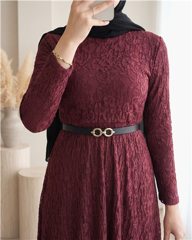 Kemerli Astarlı Güpür Dantel Elbise -Bordo