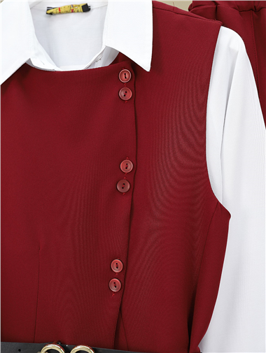 Kemerli Düğmeli Uzun Yelek-Pantolon Takım -Bordo