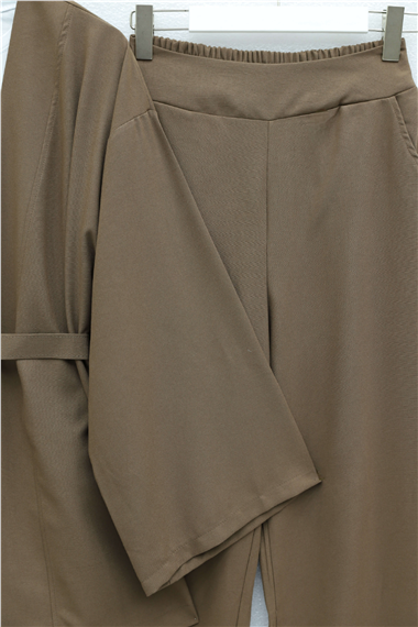 Kemerli Pantolonlu Kimono Takım    -Açık Kahverengi