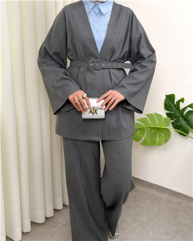 Kemerli Pantolonlu Kimono Takım  -Füme