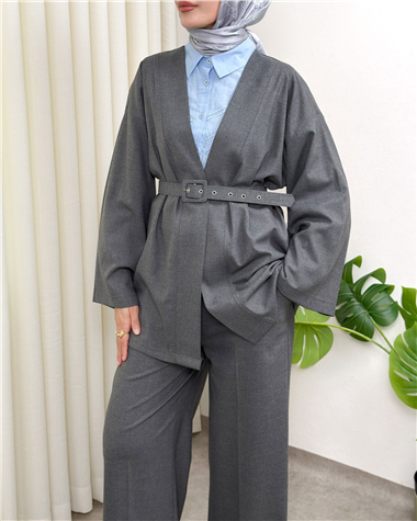 Kemerli Pantolonlu Kimono Takım  -Füme