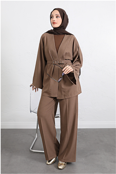 Kemerli Pantolonlu Kimono Takım   -Kahve