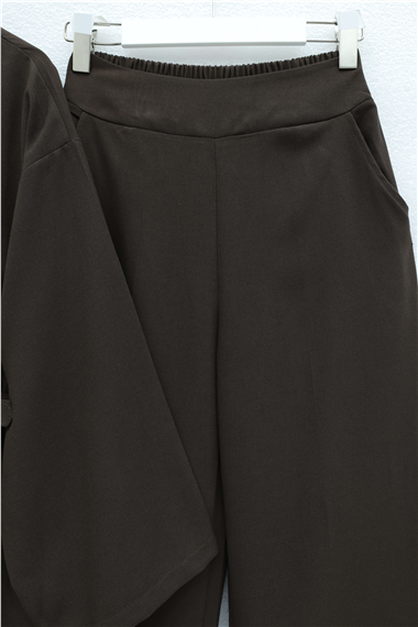 Kemerli Pantolonlu Kimono Takım   -Kahve