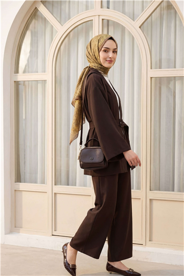 Kemerli Pantolonlu Kimono Takım   -Kahve