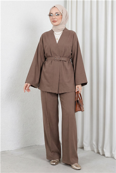 Kemerli Pantolonlu Kimono Takım   -Kahve