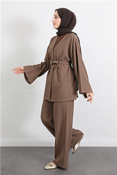 Kemerli Pantolonlu Kimono Takım   -Kahve