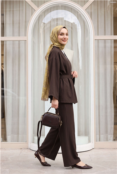 Kemerli Pantolonlu Kimono Takım   -Kahve