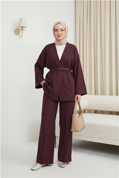 Kemerli Pantolonlu Kimono Takım   -Mürdüm