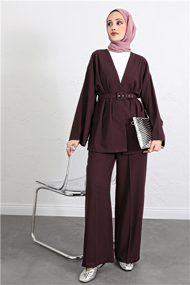 Kemerli Pantolonlu Kimono Takım   -Mürdüm