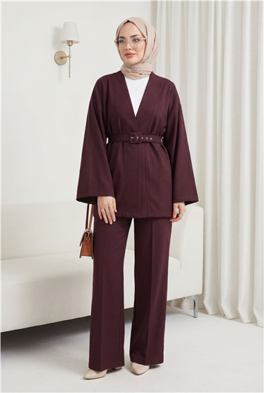 Kemerli Pantolonlu Kimono Takım   -Mürdüm