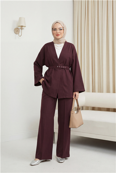 Kemerli Pantolonlu Kimono Takım   -Mürdüm
