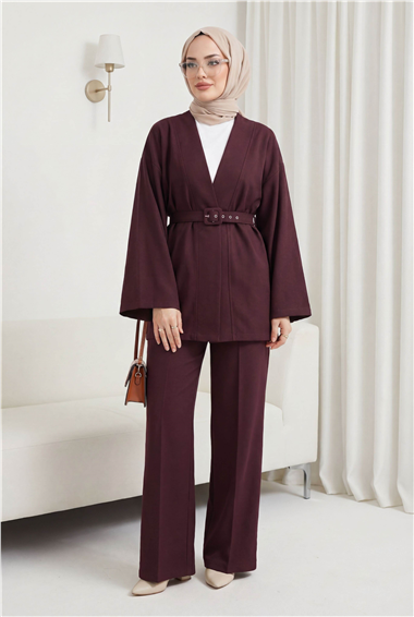 Kemerli Pantolonlu Kimono Takım   -Mürdüm