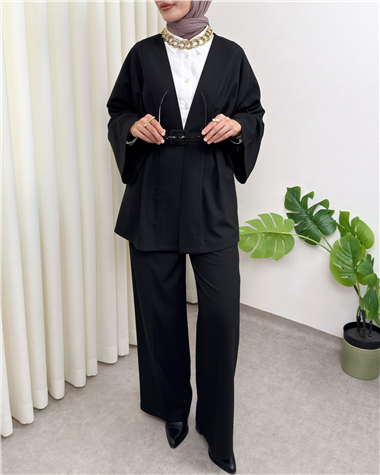 Kemerli Pantolonlu Kimono Takım  -Siyah
