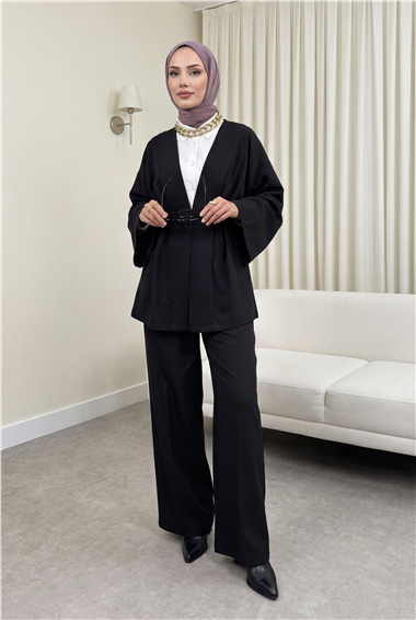 Kemerli Pantolonlu Kimono Takım  -Siyah