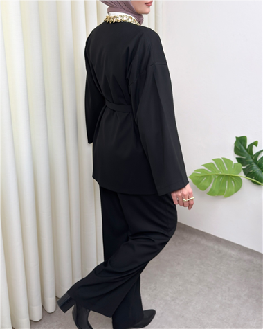 Kemerli Pantolonlu Kimono Takım  -Siyah