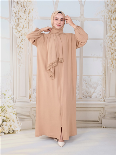 Kendinden Şallı Boydan Fermuarlı İthal Krep Namazlık -Vizon