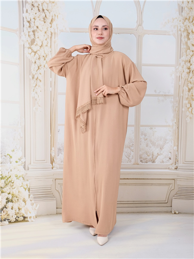 Kendinden Şallı Boydan Fermuarlı İthal Krep Namazlık -Vizon