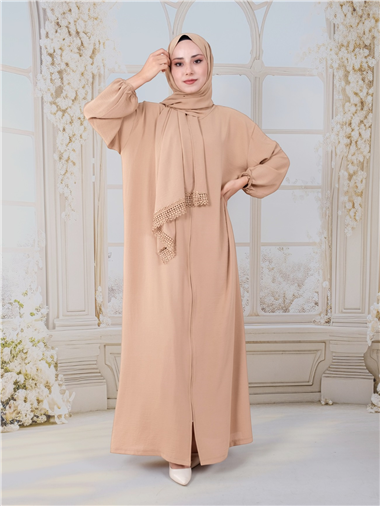 Kendinden Şallı Boydan Fermuarlı İthal Krep Namazlık -Vizon