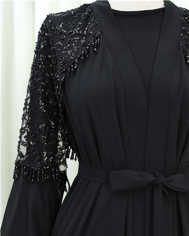 Kesme Boncuklu Kemerli İkili Abaya Takım -Siyah