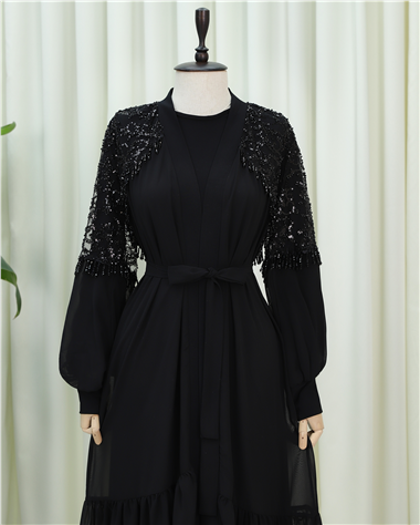 Kesme Boncuklu Kemerli İkili Abaya Takım -Siyah