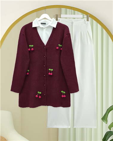 Kirazlı Top Düğmeli Triko Hırka -Bordo