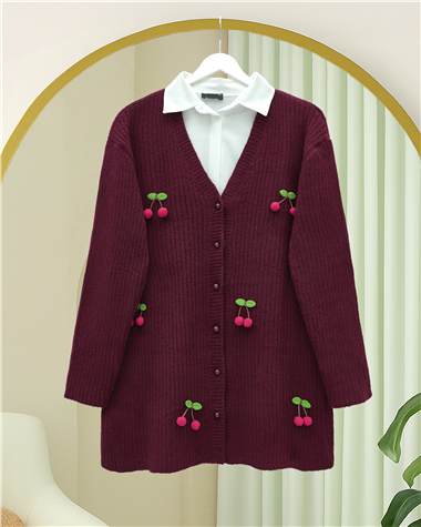 Kirazlı Top Düğmeli Triko Hırka -Bordo