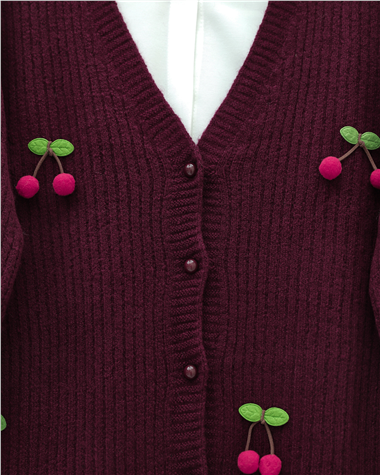 Kirazlı Top Düğmeli Triko Hırka -Bordo