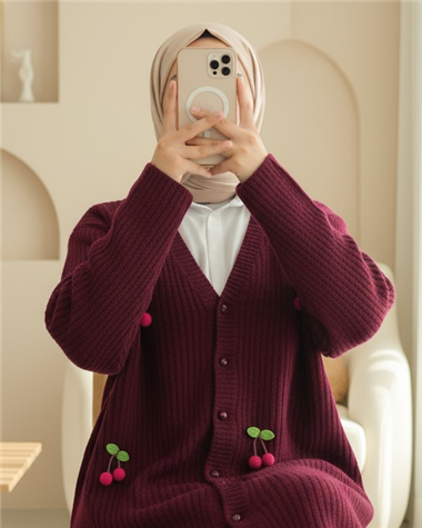 Kirazlı Top Düğmeli Triko Hırka -Bordo