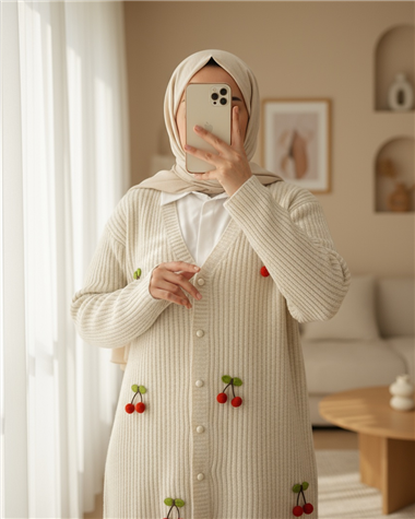 Kirazlı Top Düğmeli Triko Hırka -Krem