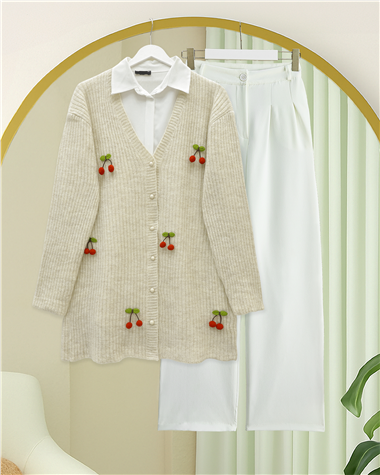 Kirazlı Top Düğmeli Triko Hırka -Krem