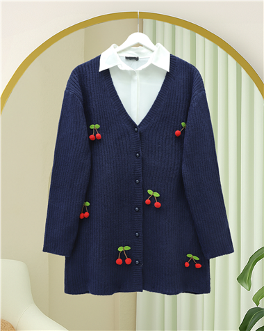 Kirazlı Top Düğmeli Triko Hırka -Laci