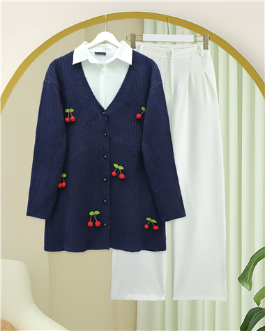 Kirazlı Top Düğmeli Triko Hırka -Laci